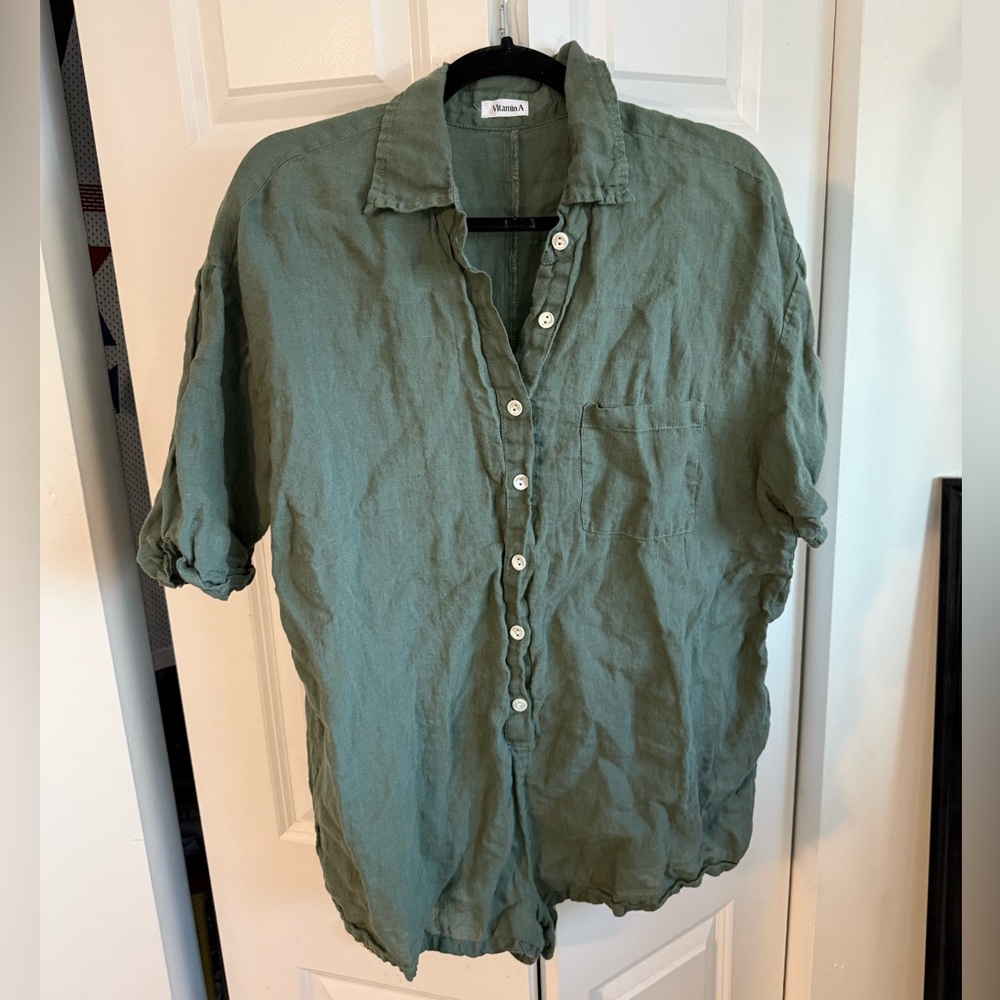 Vitamin A Olive Button Down Linen Short Sleeve Romper